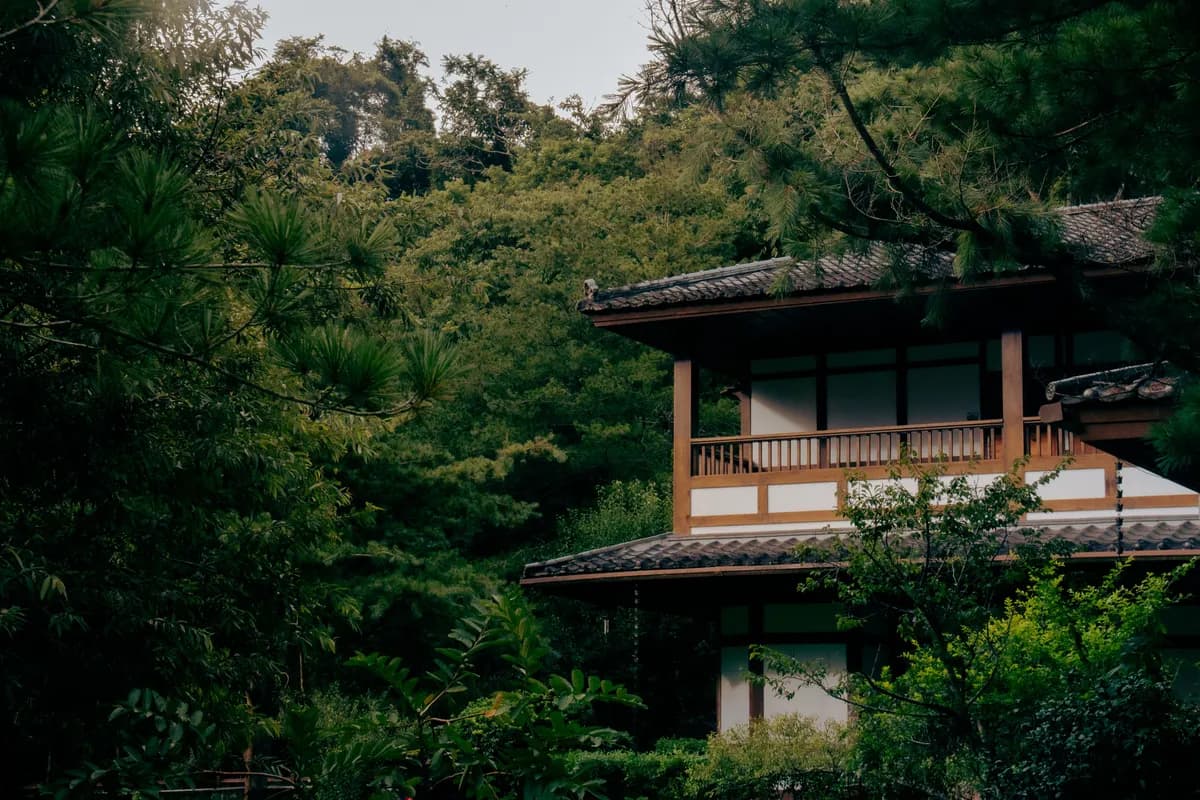 Imej contoh BookNoFees: Bangunan kayu tradisional di antara pokok-pokok di Taiwan