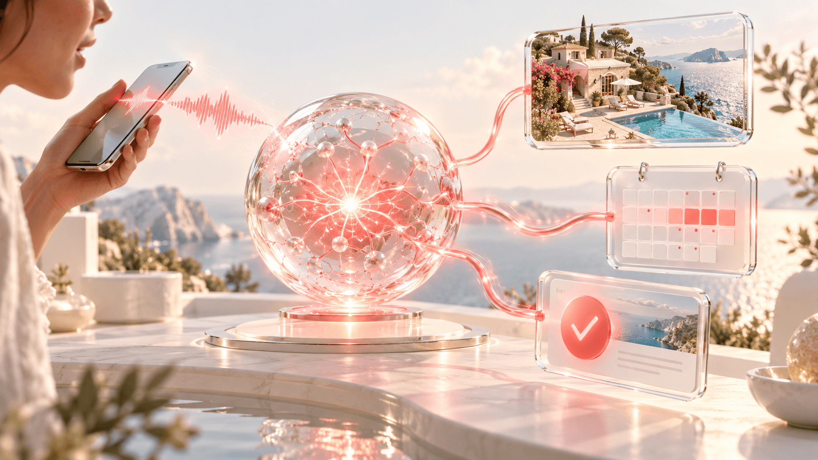 BookNoFees: A voice instruction connects a personal AI agent to a vacation home, a calendar and a booking confirmation.