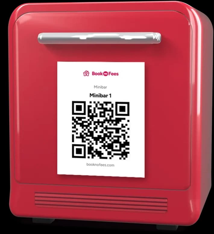 BookNoFees minibar: the printed QR card on its door