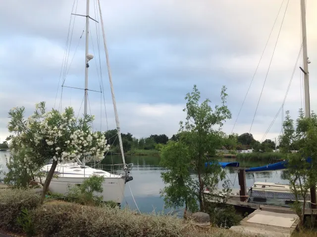 BookNoFees vacation rental in Agde, Occitania, France – Marina with sailboats docked at wooden pier and flowering trees