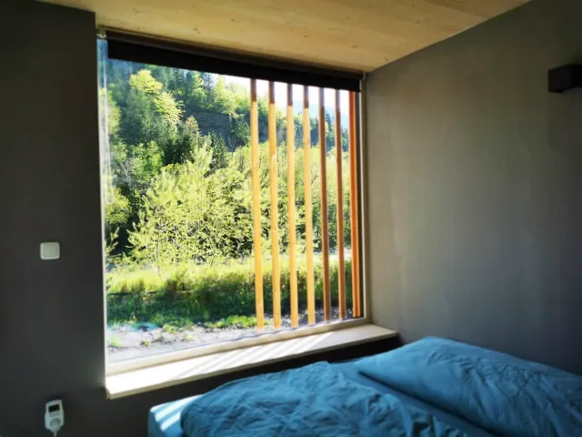 BookNoFees: homestay di Hieflau, Styria, Austria – Bilik tidur dengan alas katil biru dan tingkap besar dengan bilah kayu menghadap hutan
